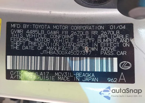 2004 Lexus Es 330 из США, поврежденный, VIN JTHBA30GX45027377